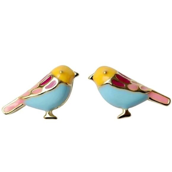 Tiny Bird Earrings Enamel Painted Pastel Colors Dainty - Picture 1 of 6